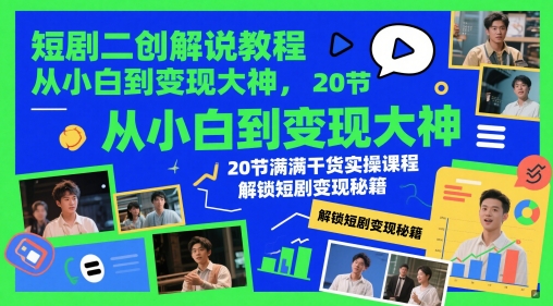 短剧二创解说教程，从小白到变现大神，20节满满干货实操课程，解锁短剧变现秘籍好项目网-专注分享网络创业项目落地实操课程 – 全网首发_高质量创业项目输出好项目网